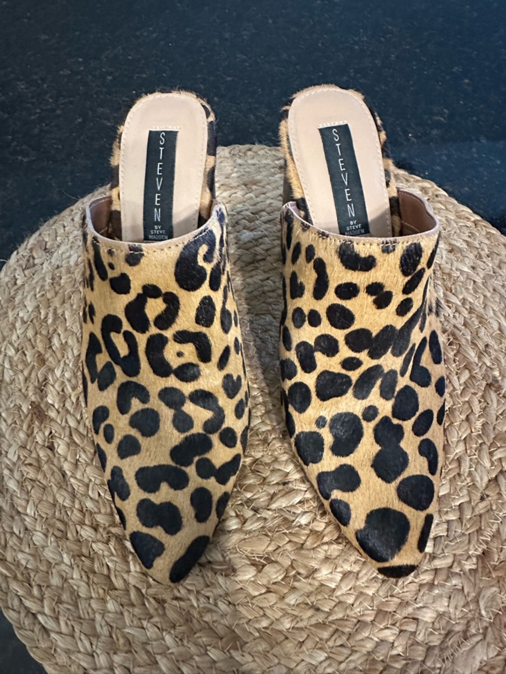 Steven By Steve Madden Leopard-Print Pointed-Toe Mules in Tan and Black